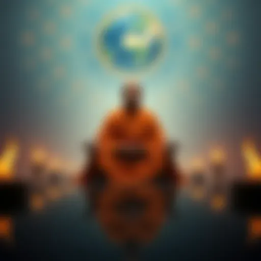 A Zen monk sitting peacefully in meditation, surrounded by symbols of koans, reflecting the focus on Zen teachings.