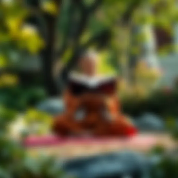 A Zen monk sitting cross-legged in a serene garden, reading ancient sutras while surrounded by nature.