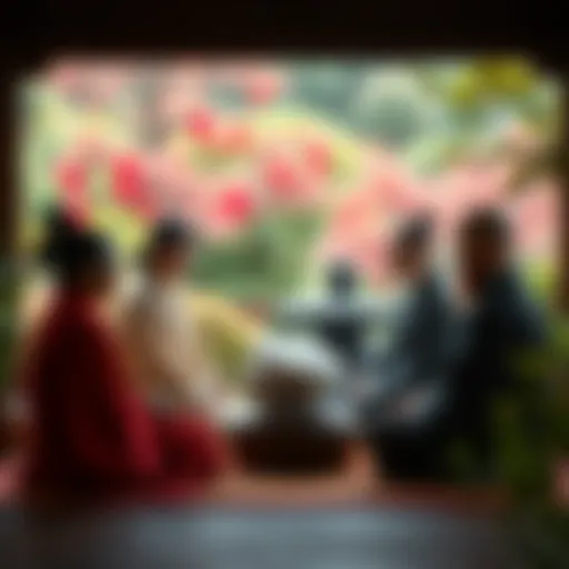 A group of Zen practitioners seated together in a serene garden, sharing insights and fostering connections within their community.