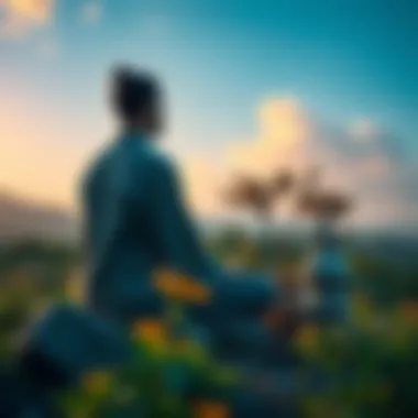 A person sitting in a meditative pose surrounded by nature, contemplating their beliefs about Zen texts