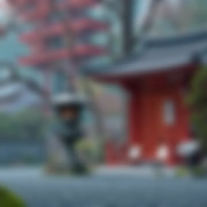Zen and Shinto-Buddhism Practices A serene scene depicting a Zen garden with a stone lantern beside a Shinto shrine, symbolizing the relationship between Zen and Shinto-Buddhism.