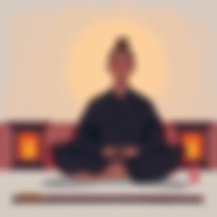Zen teaching illustration A person sitting in meditation, looking at their nose with a thoughtful expression, symbolizing self-awareness and clarity