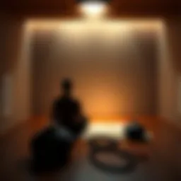 A serene space showing a person sitting in meditation, with elements representing Soto Zen and Tibetan traditions, such as a zafu cushion and a mala necklace nearby.