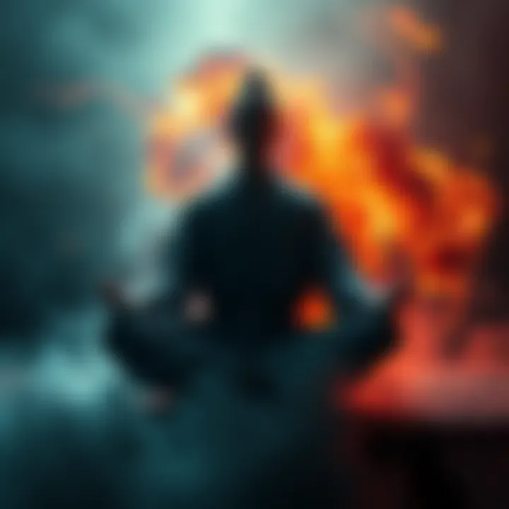 A figure meditating with contrasting imagery of peace and chaos surrounding them, symbolizing the conflict between Zen philosophy and violence.