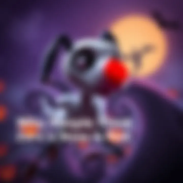 A ghost dog with a glowing red nose floating in a Halloween-themed background