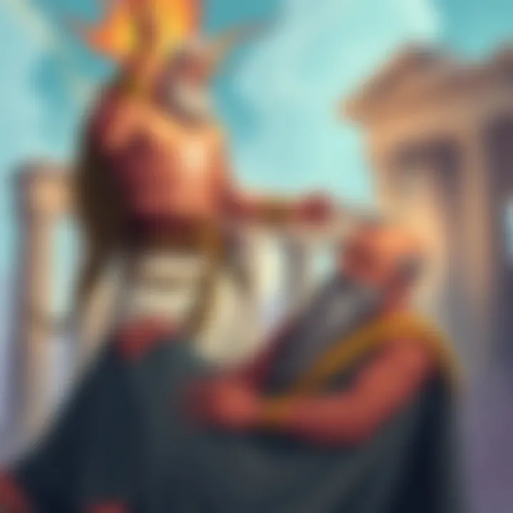 An artistic depiction of Zeus, depicted as a strong figure with a lightning bolt, standing over Cronos, an older, seated figure resembling a wise god. The background features ancient Greek architectur...