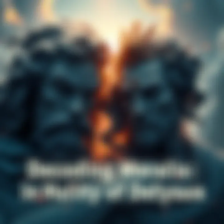 An artistic representation of Zeus and Dionysus symbolizing the complexities of morality in Hellenic mythology, with contrasting elements of light and shadow.