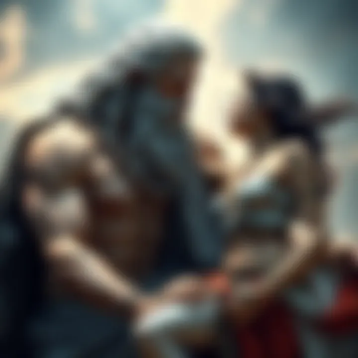 Zeus interacting with a mortal woman, highlighting the contrast between divine and human nature.