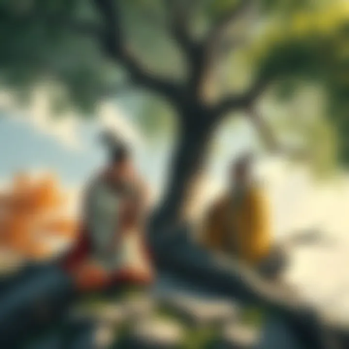 A scene of Zhuangzi and Huizi engaged in a vibrant philosophical debate under a tree, with nature surrounding them.
