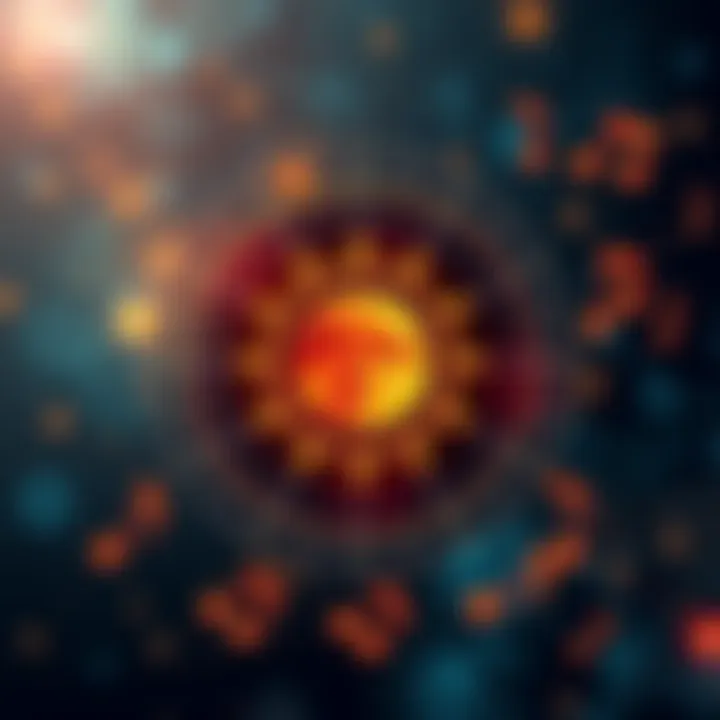 Astrological symbols representing sun, moon, and ascendant signs with musical notes surrounding them.