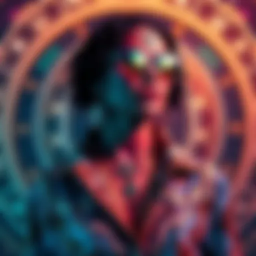 A stylish model wearing zodiac-themed clothing surrounded by celestial symbols and art representing astrology.