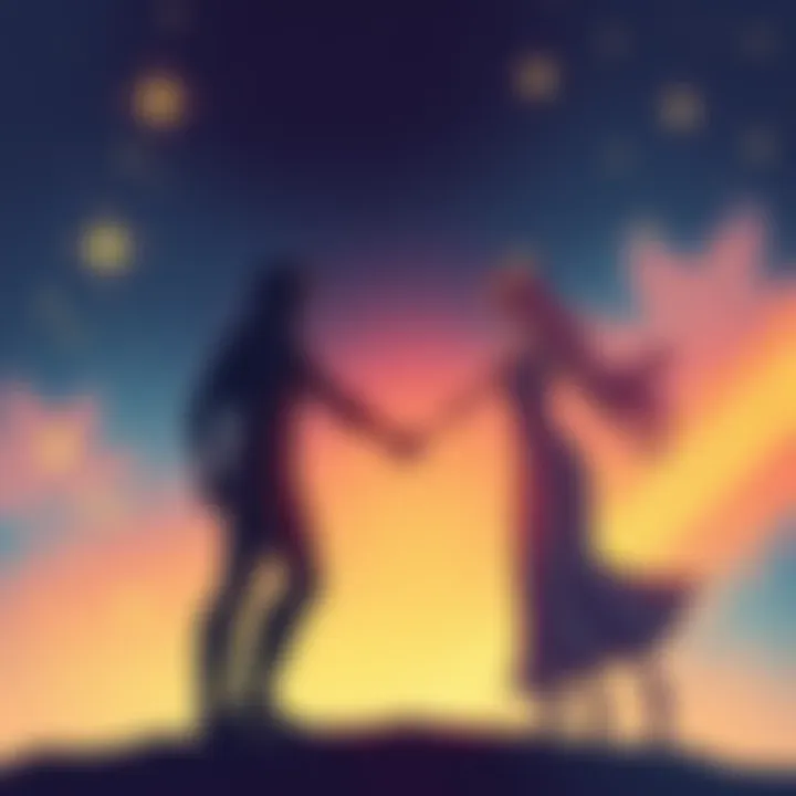 Zodiac Couples Connection Illustration of zodiac signs Aries and Libra holding hands, symbolizing their dynamic relationship, with stars in the background.
