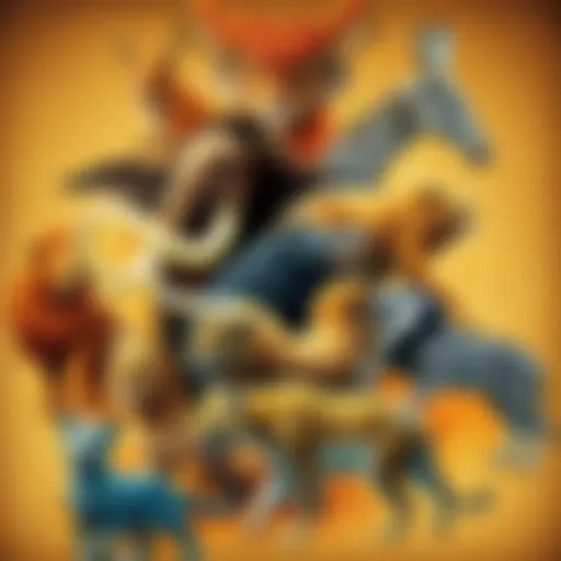 A collage of zodiac signs paired with illustrations of extinct animals like mammoths and saber-toothed cats