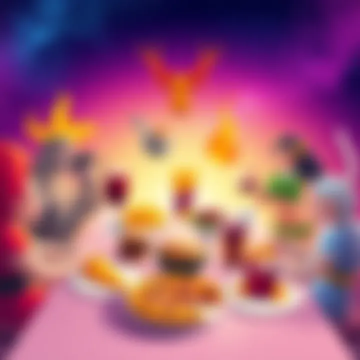 Illustration showing zodiac signs around a table with their favorite foods, like Flaming Hot Cheetos for Aries and Pecan Pie for Pisces