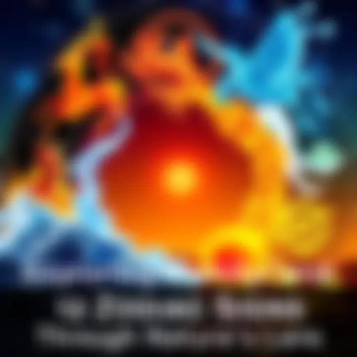 Zodiac Signs and Nature Elements A visual representation of the 12 zodiac signs illustrated with various elements from nature, showing each sign surrounded by its corresponding natural feature like fire, water, earth, and air.