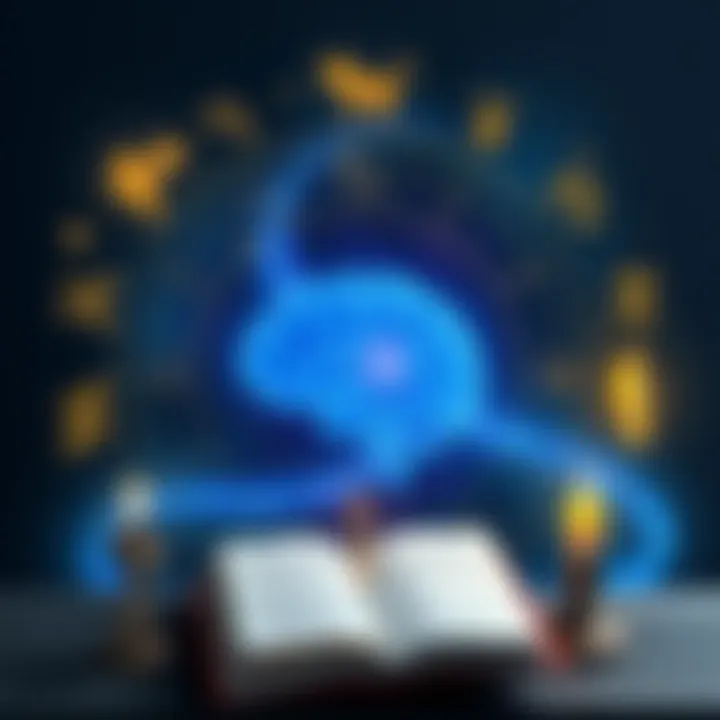 Illustration showing zodiac symbols along with books and a brain, symbolizing philosophy and psychology in astrology