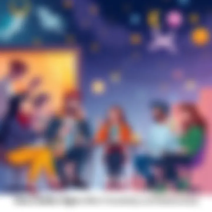 An illustration showing various zodiac signs interacting in social settings, highlighting friendships and relationships.