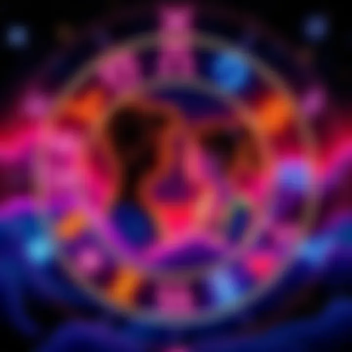 A colorful illustration showing various zodiac signs with symbols representing love and relationships, indicating how they relate to personality traits.