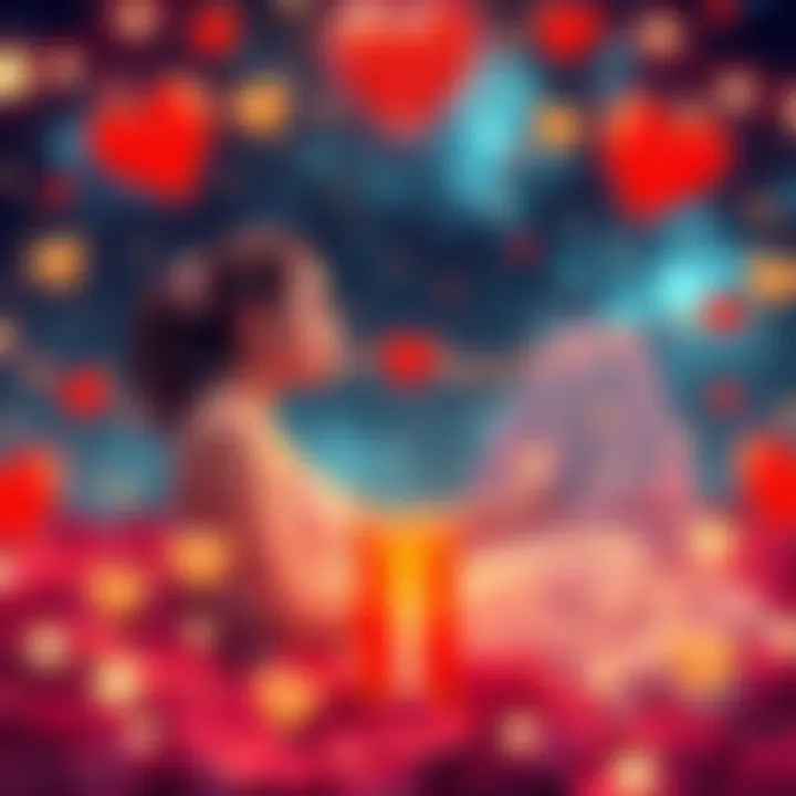 A romantic scene featuring Virgo, Scorpio, and Cancer symbols surrounded by hearts and stars