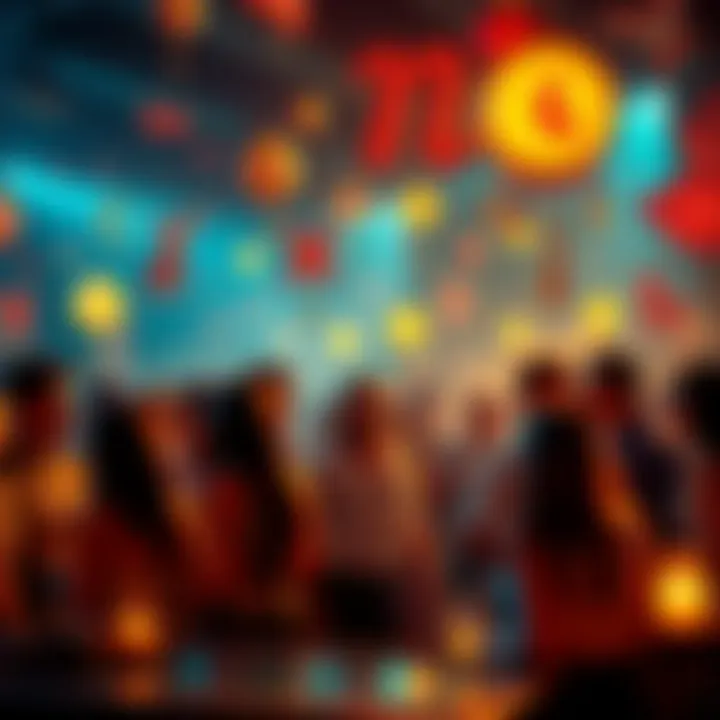 A lively party scene with people wearing zodiac sign symbols and decorations, chatting and interacting in a festive atmosphere.