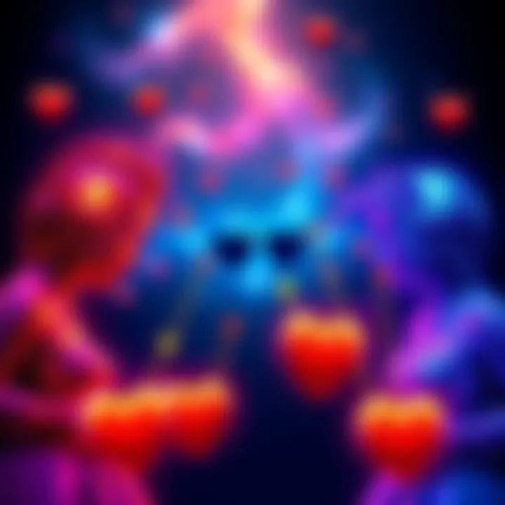 A colorful depiction of zodiac signs with arrows pointing towards hearts, showing one-sided attraction.