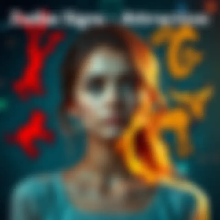 A young woman reflecting on her dating history with zodiac signs Aries, Leo, Gemini, and Taurus around her. She looks curious and thoughtful, symbolizing astrology's influence in her life.