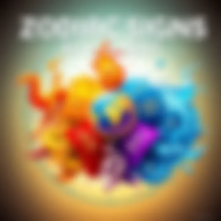 A colorful illustration showing different zodiac signs grouped by their elements: Fire, Earth, Air, and Water. Each sign is represented with its symbol, highlighting their unique traits. A bright background enhances the visual appeal.