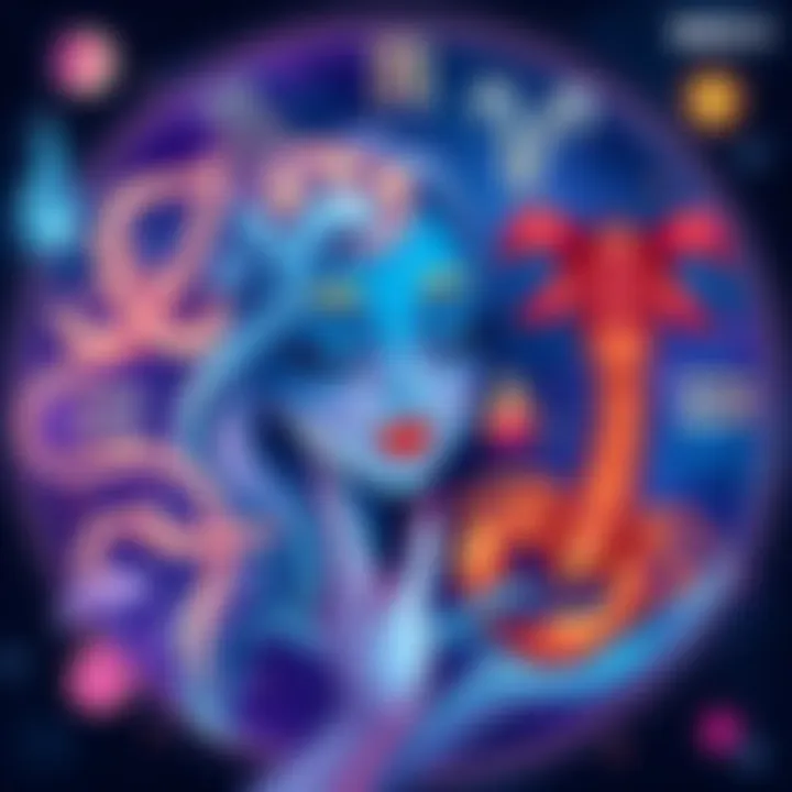 Illustration of zodiac signs symbolizing different ways of pampering and care, with vibrant colors and elements representing each sign, like water for Aqua and fire for Scorpio.