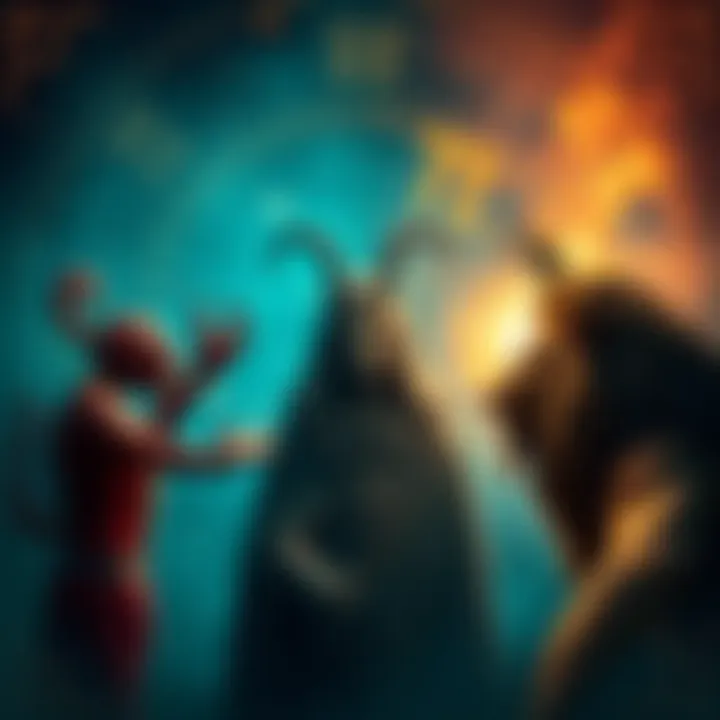 A visual representation of Scorpio and Leo having a heated discussion while Aquarius watches. The backdrop shows zodiac symbols.