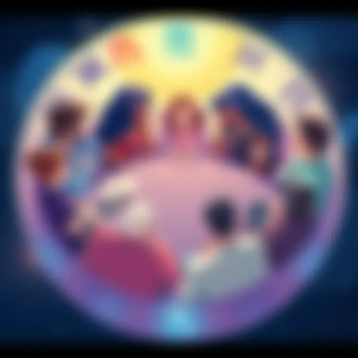 Illustration showing various zodiac signs in a circle, some talking and others listening during a conversation, highlighting different communication styles.