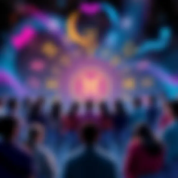 A colorful representation of zodiac signs with people discussing their experiences and connections with different signs, showcasing symbols and star patterns.