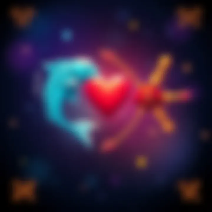 Zodiac Signs Compatibility Illustration showing astrology symbols for Pisces and Sagittarius connected by hearts, representing their unique compatibility, with stars in the background.