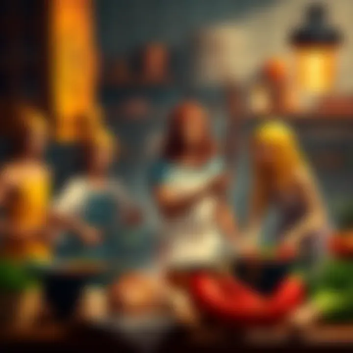 A colorful kitchen scene with various zodiac signs represented by symbols cooking together, some showing skill and others struggling, highlighting Sagittarius.