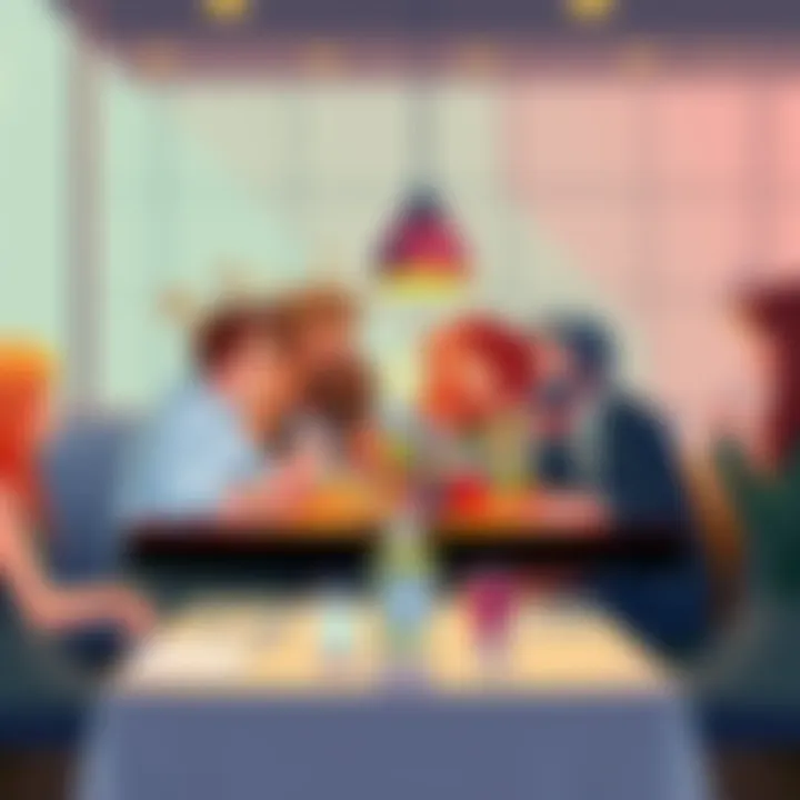 A colorful illustration showing different zodiac signs represented by people choosing food at a restaurant table, reflecting their unique dining habits.