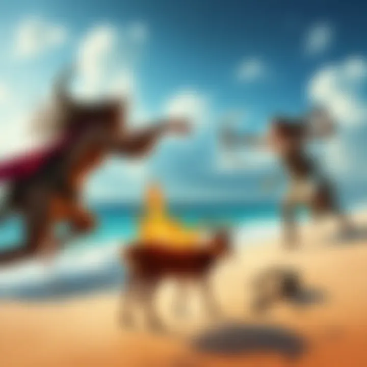 Illustration of zodiac signs battling for survival on a deserted island, showcasing Aries and Sagittarius leading the fight.