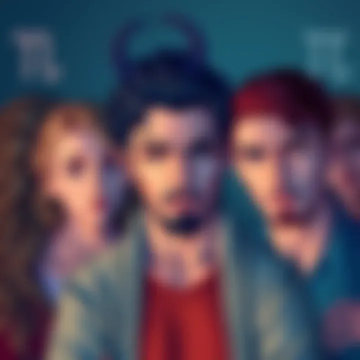 Zodiac Signs Flirting with Serious Faces Group of people representing different zodiac signs, showing subtle flirting gestures while maintaining serious expressions.