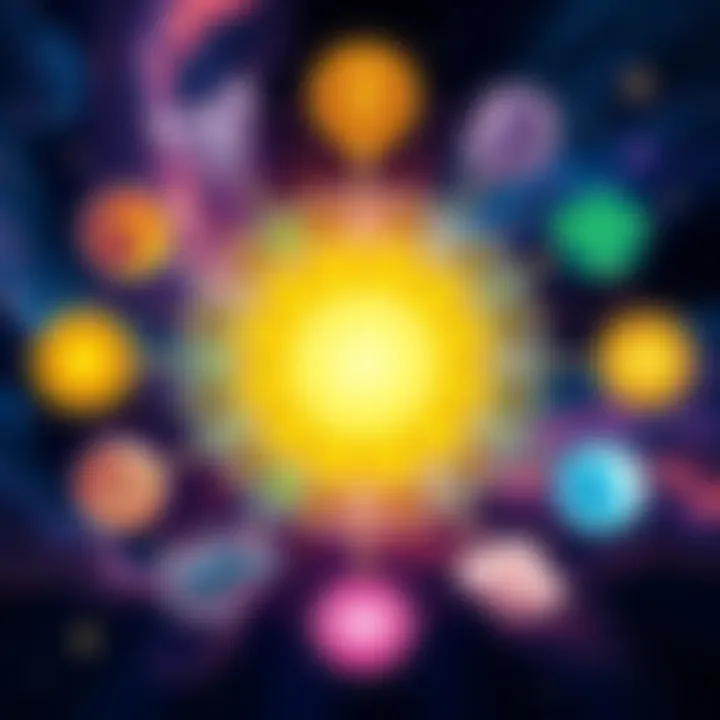 Zodiac Signs with Healing Symbols Illustration showing twelve zodiac signs arranged in a circle, each with a unique symbol representing their healing traits, surrounded by calming colors and elements of nature.