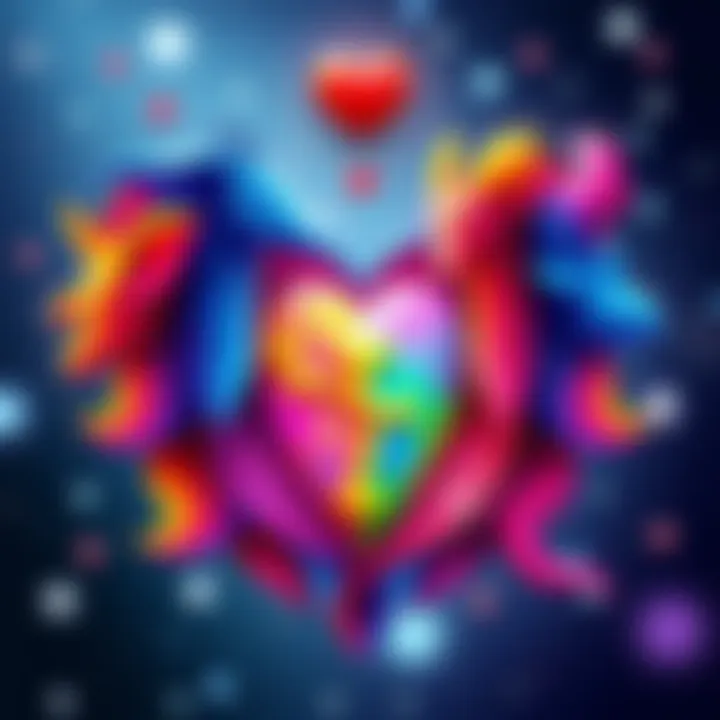 A colorful illustration of zodiac signs arranged in a heart shape, symbolizing love and devotion among them.