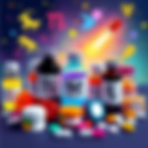 A colorful illustration showing icons of zodiac signs surrounding various medication bottles, representing personality vibes.