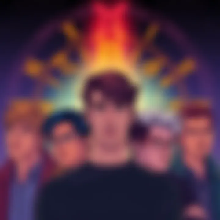 Illustration of various zodiac symbols surrounding a group of men displaying different personality traits from charming to sensitive.