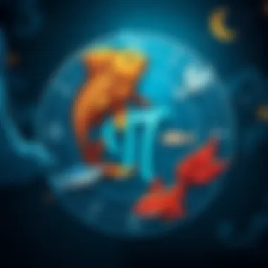 An illustration showing various zodiac signs surrounding the Pisces symbol, depicting emotional connections and relationships.