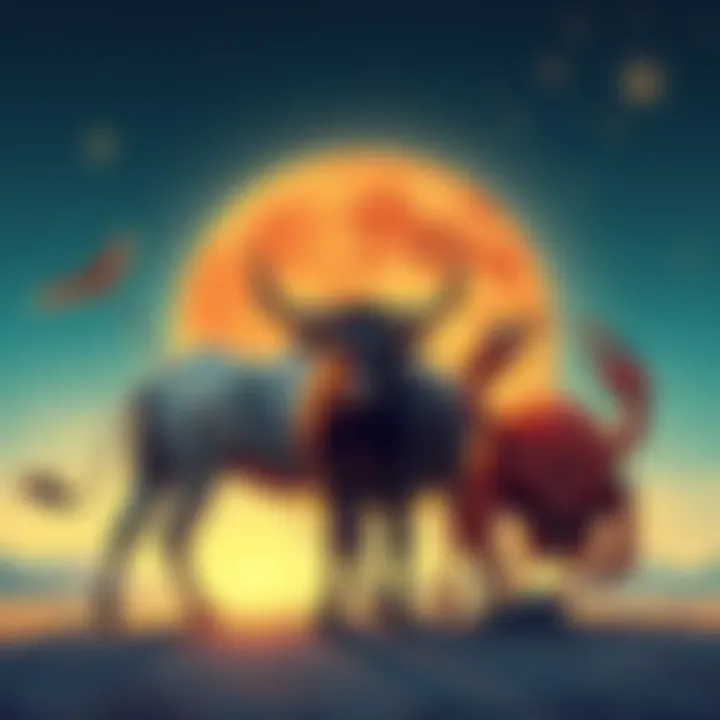 Illustration showing the zodiac signs Sagittarius, Taurus, and Cancer represented by their symbols and characteristics in a harmonious setting.