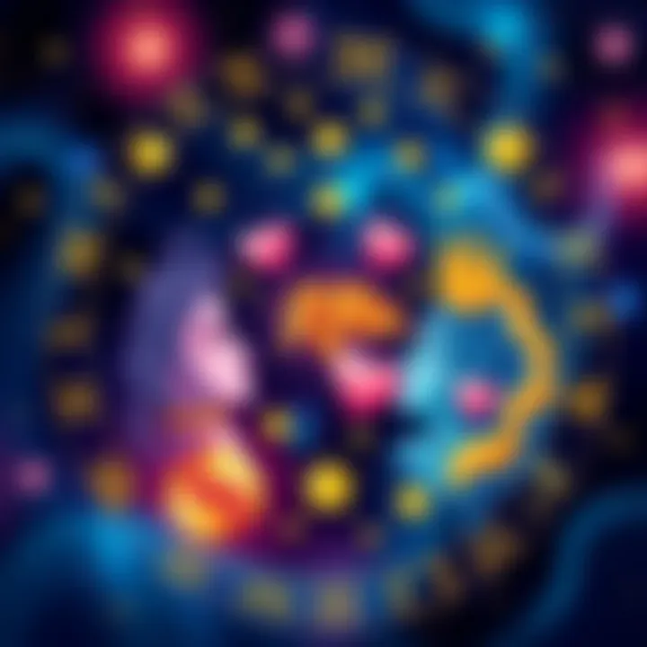 A colorful illustration of various zodiac signs representing support and connection, with calming symbols like hearts and stars around them.