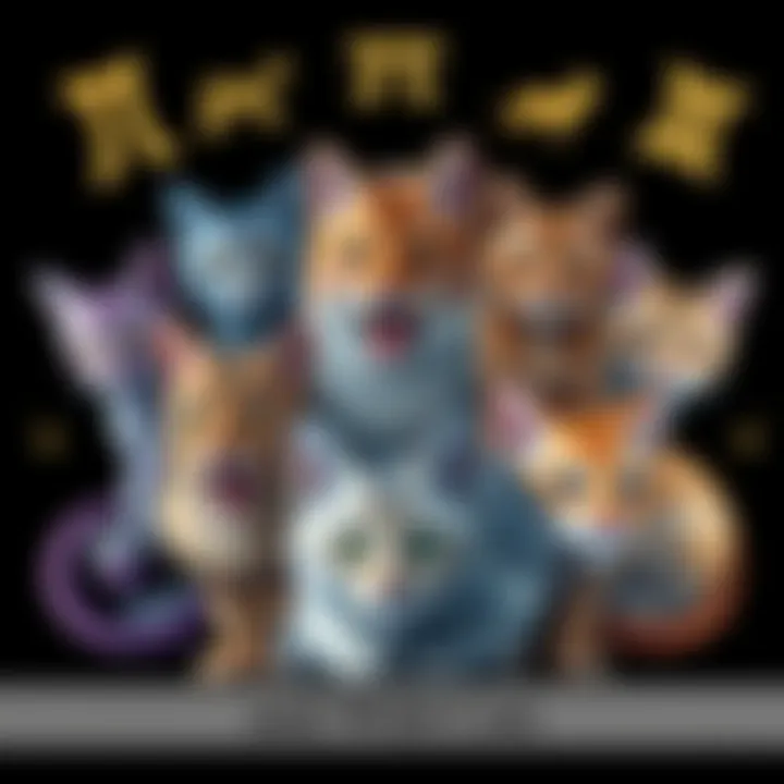 A collage featuring different zodiac signs paired with their corresponding wild cats, showing the unique traits of each sign through the feline characteristics, with vibrant colors and playful designs...