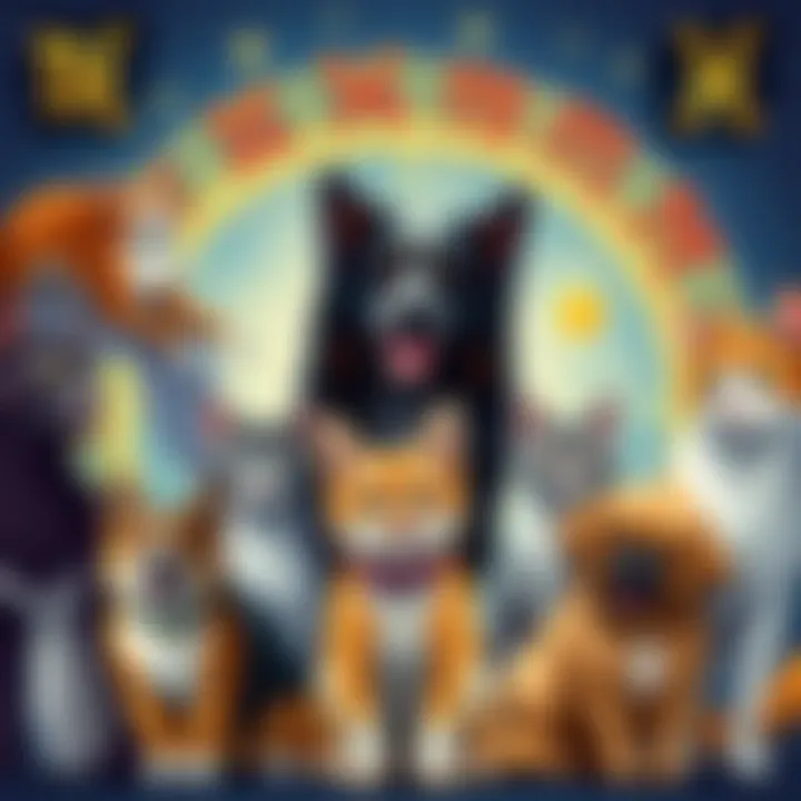 Illustration showing various zodiac signs with corresponding cats and dogs, representing pet preferences based on astrology.