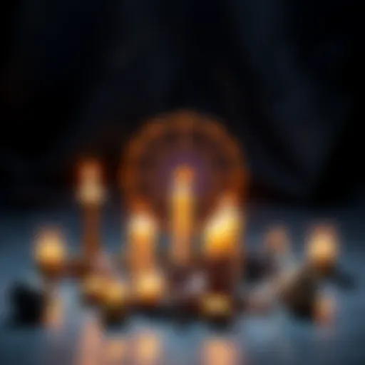 Astrological symbols surrounded by candles and crystals, indicating spellcasting practices for each zodiac sign.