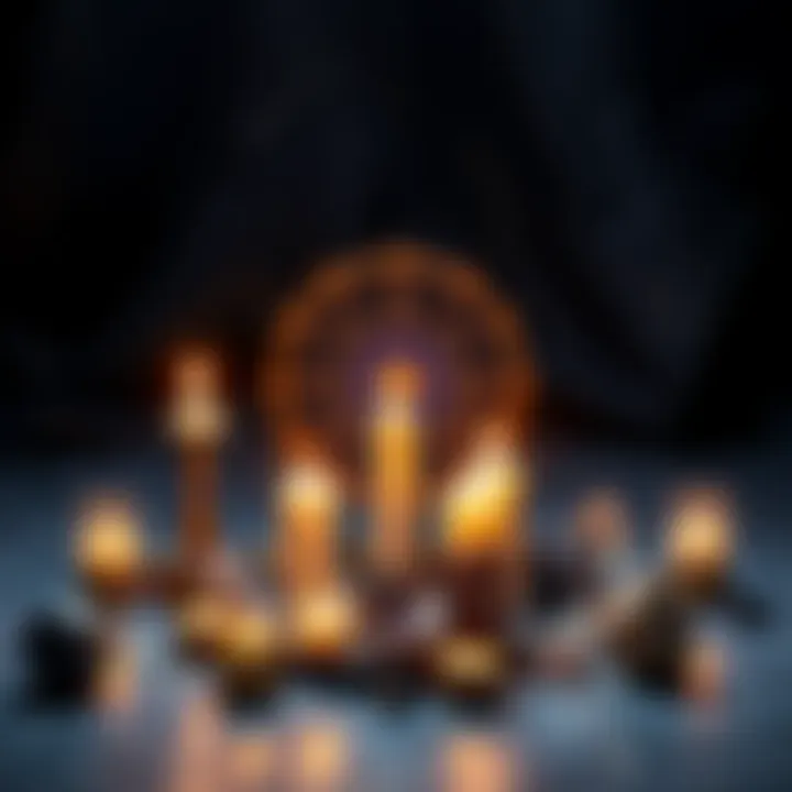 Astrological symbols surrounded by candles and crystals, indicating spellcasting practices for each zodiac sign.