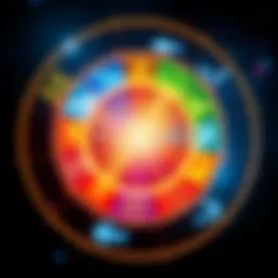 A colorful illustration showing the twelve zodiac symbols arranged in a circle, each representing a different astrological sign from Aries to Pisces.