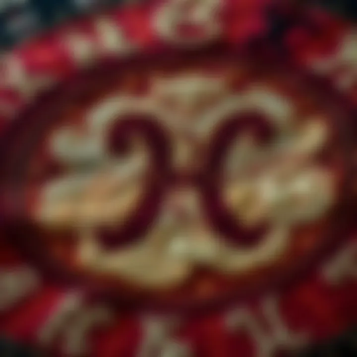 A close-up of a tapestry displaying a strange zodiac symbol resembling an odd '8' shape, surrounded by other zodiac signs