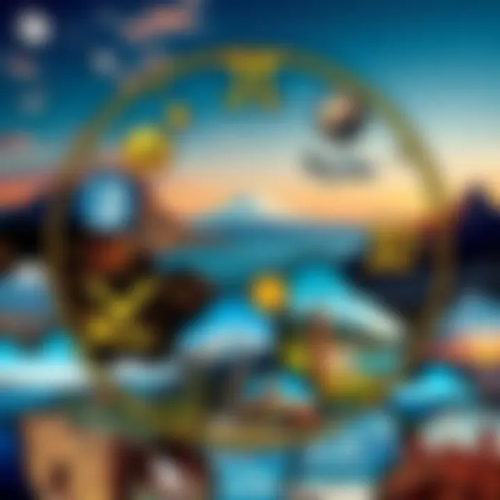 Zodiac Signs Travel Destinations A collage of symbols representing zodiac signs with images of travel destinations like beaches, mountains, and cities in the background.